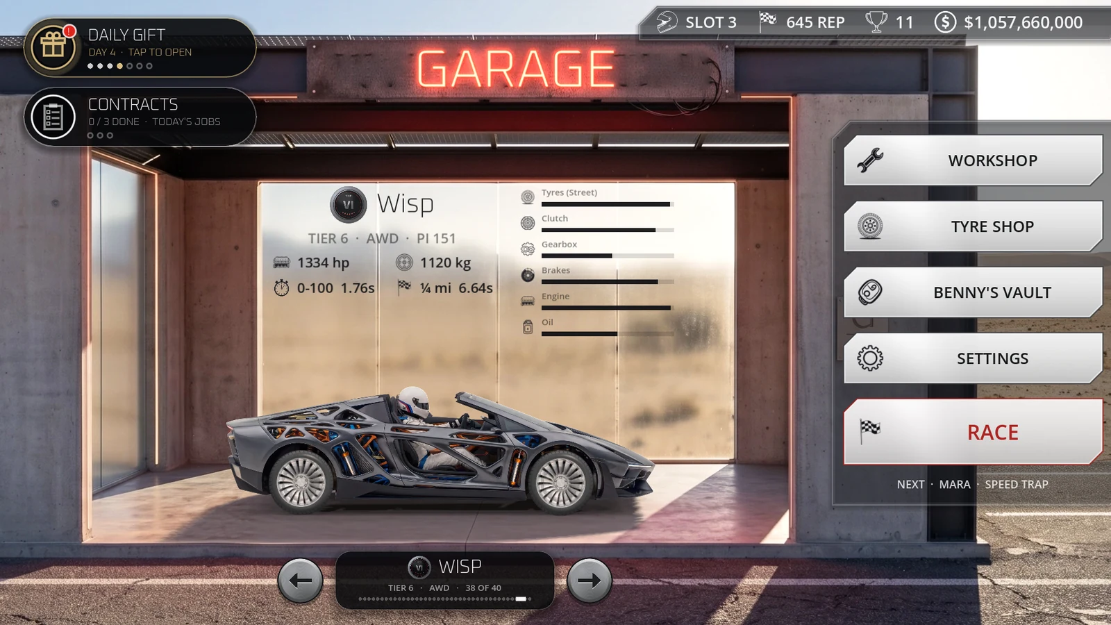 The garage with a car on the floor and the menu beside it
