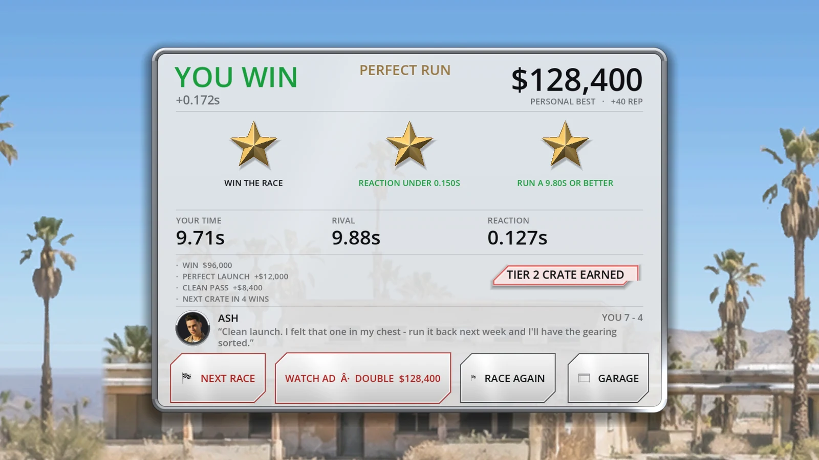 The race result card: YOU WIN, three gold stars and the payout